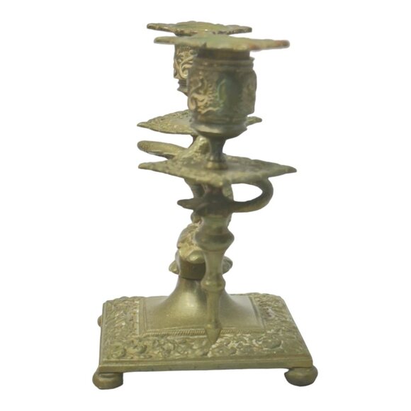 Pair of Antique Brass Asian Dragon/ Koi Fish Double Candle Holders 7" H x 8" W - Picture 9 of 12